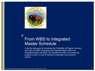 +
From WBS to Integrated
Master Schedule
A step by step guide to increasing the Probability of Program success
start with the WBS, developing the Integrated Master Plan and
Integrated Master Schedule, risk adjusting the IMS, and measuring
progress to plan in units of measure meaningful to the decision
makers.
Performance–Based Project Management®, Copyright © Glen B. Alleman, 2002 - 2016 1
 