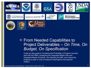 + From Needed Capabilities to
Project Deliverables ‒ On Time, On
Budget, On Specification
A step by step guide to increasing the Probability of Program success
start with the WBS, developing the Integrated Master Plan and
Integrated Master Schedule, risk adjusting the IMS, and measuring
progress to plan in units of measure meaningful to the decision
makers.
Performance–Based Project Management®, Copyright © Glen B. Alleman, 2002 - 2016 1
 