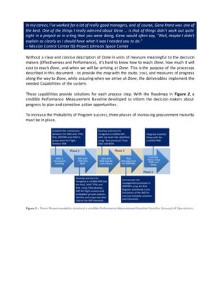 In my career, I've worked for a lot of really good managers, and of course, Gene Kranz was one of
the best. One of the things I really admired about Gene ... is that of things didn't work out quite
right in a project or in a ting that you were doing, Gene would often say, "Well, maybe I didn't
explain as clearly as I should have what it was I needed you to do."
‒ Mission Control Center ISS Project Johnson Space Center
Without a clear and concise description of Done in units of measure meaningful to the decision
makers (Effectiveness and Performance), it's hard to know how to reach Done, how much it will
cost to reach Done, and when we will be arriving at Done. This is the purpose of the processes
described in this document - to provide the map with the route, cost, and measures of progress
along the way to Done, while assuring when we arrive at Done, the deliverables implement the
needed Capabilities of the system.
These capabilities provide solutions for each process step. With the Roadmap in Figure 2, a
credible Performance Measurement Baseline developed to inform the decision makers about
progress to plan and corrective action opportunities.
To increase the Probability of Program success, three phases of increasing procurement maturity
must be in place.
Figure 2 – Three Phases neededto construct a credible Performance Measurement Baseline fromthe Concept of Operations.
 