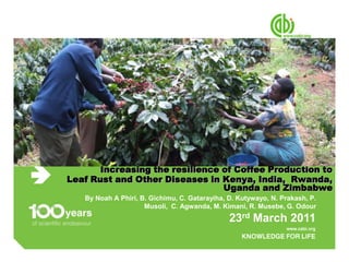  Increasing the resilience of Coffee Production to Leaf Rust and Other Diseases in Kenya, India,  Rwanda, Uganda and Zimbabwe By Noah A Phiri, B. Gichimu, C. Gatarayiha, D. Kutywayo, N. Prakash, P. Musoli,  C. Agwanda, M. Kimani, R. Musebe, G. Odour   23rd March 2011 