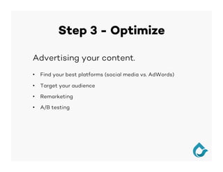 Step 3 - Optimize
Advertising your content.
•  Find your best platforms (social media vs. AdWords)
•  Target your audience
•  Remarketing
•  A/B testing
 