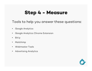 Step 4 - Measure
Tools to help you answer these questions:
•  Google Analytics
•  Google Analytics Chrome Extension
•  Bit.ly
•  Mailchimp
•  Webmaster Tools
•  Advertising Analytics
 