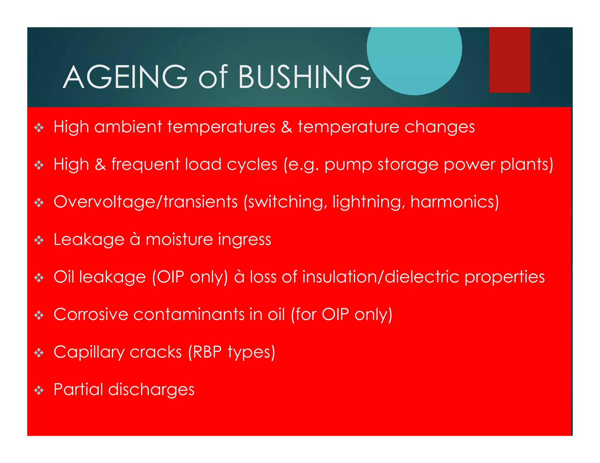 AGEING of BUSHING
High ambient temperatures & temperature changes
High & frequent load cycles (e.g. pump storage power plants)
Overvoltage/transients (switching, lightning, harmonics)
Leakage à moisture ingress
Oil leakage (OIP only) à loss of insulation/dielectric properties
Corrosive contaminants in oil (for OIP only)
Capillary cracks (RBP types)
Partial discharges
 