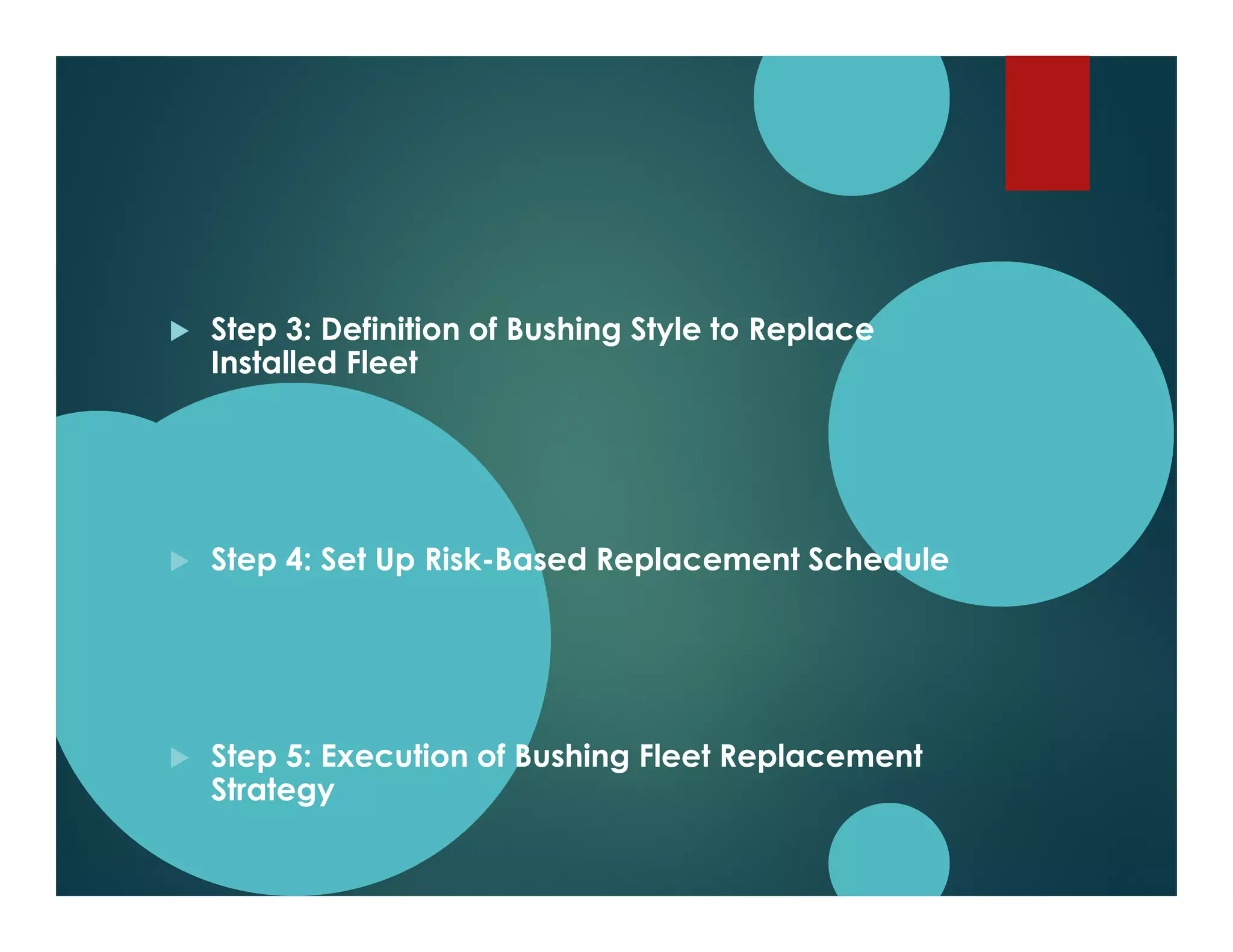 Step 3: Definition of Bushing Style to Replace
Installed Fleet
Step 4: Set Up Risk-Based Replacement Schedule
Step 5: Execution of Bushing Fleet Replacement
Strategy
 