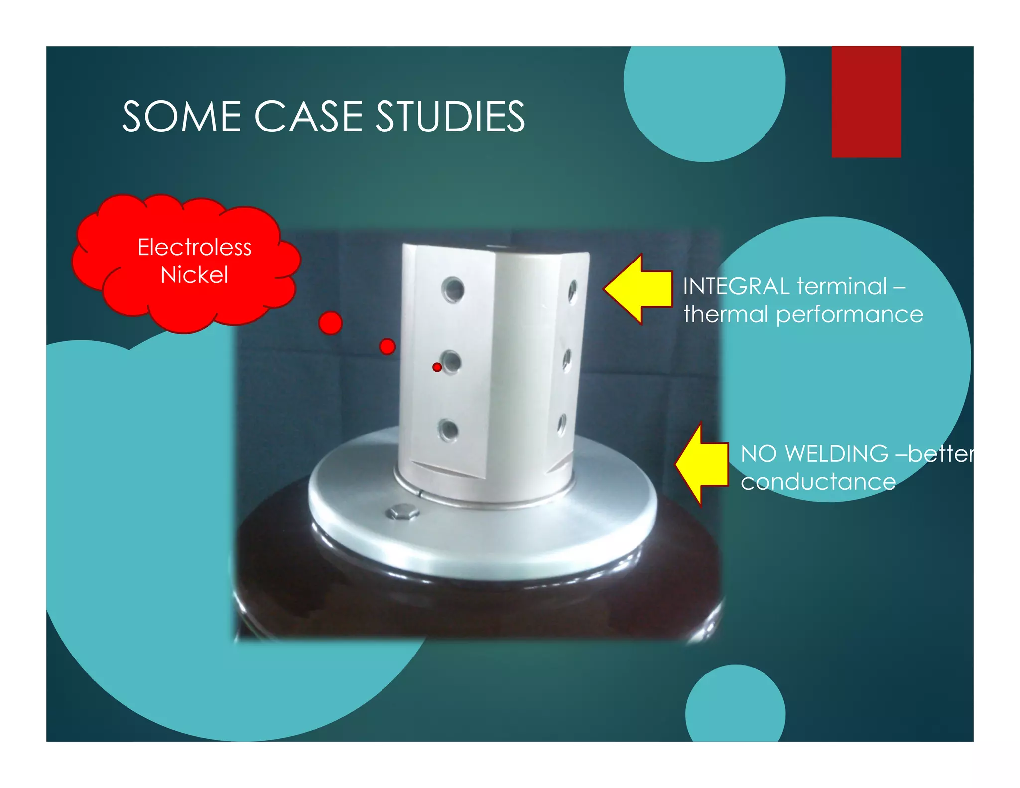 SOME CASE STUDIES
NO WELDING –better
conductance
INTEGRAL terminal –
thermal performance
Electroless
Nickel
 