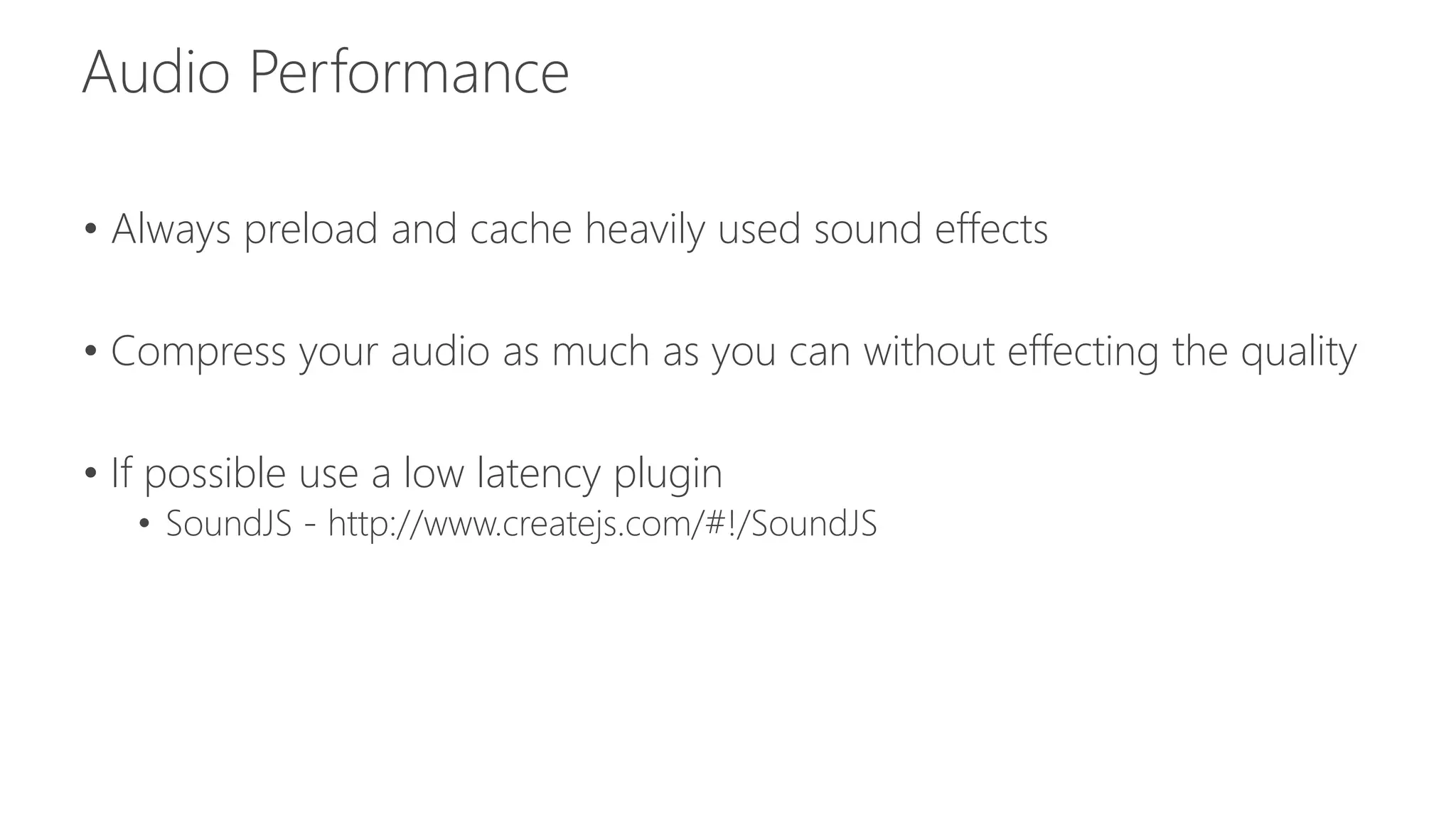 • Always preload and cache heavily used sound effects 
• Compress your audio as much as you can without effecting the quality 
• If possible use a low latency plugin 
• SoundJS - http://www.createjs.com/#!/SoundJS 
 