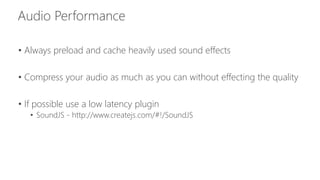 • Always preload and cache heavily used sound effects 
• Compress your audio as much as you can without effecting the quality 
• If possible use a low latency plugin 
• SoundJS - http://www.createjs.com/#!/SoundJS 
 