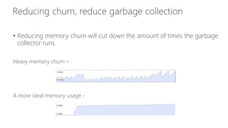 • Reducing memory churn will cut down the amount of times the garbage 
collector runs 
Heavy memory churn – 
A more ideal memory usage - 
 
