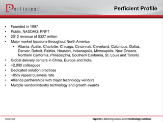 Perficient Profile


•   Founded in 1997
•   Public, NASDAQ: PRFT
•   2012 revenue of $327 million
•   Major market locations throughout North America
     • Atlanta, Austin, Charlotte, Chicago, Cincinnati, Cleveland, Columbus, Dallas,
         Denver, Detroit, Fairfax, Houston, Indianapolis, Minneapolis, New Orleans,
         Northern California, Philadelphia, Southern California, St. Louis and Toronto
•   Global delivery centers in China, Europe and India
•   ~2,000 colleagues
•   Dedicated solution practices
•   ~85% repeat business rate
•   Alliance partnerships with major technology vendors
•   Multiple vendor/industry technology and growth awards




#sitecore
 