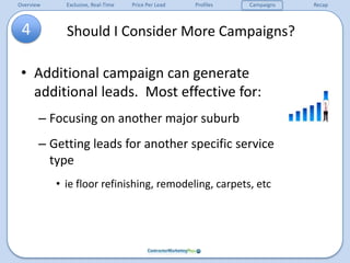 3Profile – Tender & Lead DeliveryRecord Phone CallsSo you can hear how your team is answering callsCaller ID Preference So you can distinguish a new lead from a personal callForwarding Phone NumbersAdd multiple numbers for simultaneous ringingUpdate Email AddressesTo receive Call Reminder EmailsUpdate Cost Per LeadIncrease your price per lead to be more aggressive in generating leads
