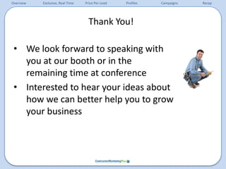 Recap on Increasing ROI	Optimize conversion, nurturing and follow up with leads     Adjust Your Price Per Lead to find your sweet spot	Optimize your profile with more, higher-converting content	Set up additional campaigns, where appropriate1234