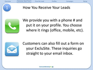 How You Receive Your Leads1We provide you with a phone # and put it on your profile. You choose where it rings (office, mobile, etc).Customers can also fill out a form on your ExcluSite. These inquiries go straight to your email inbox.