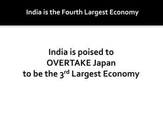 India is poised to
OVERTAKE Japan
to be the 3rd Largest Economy
India is the Fourth Largest Economy
 