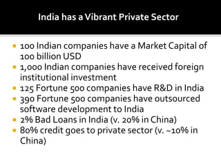  100 Indian companies have a Market Capital of
100 billion USD
 1,000 Indian companies have received foreign
institutional investment
 125 Fortune 500 companies have R&D in India
 390 Fortune 500 companies have outsourced
software development to India
 2% Bad Loans in India (v. 20% in China)
 80% credit goes to private sector (v. ~10% in
China)
India has aVibrant Private Sector
 