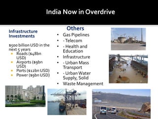 Infrastructure
Investments
$500 billion USD in the
next 5 years
 Roads ($48bn
USD)
 Airports ($9bn
USD)
 Ports ($12bn USD)
 Power ($9bn USD)
Others
• Gas Pipelines
• -Telecom
• - Health and
Education
• Infrastructure
• - Urban Mass
Transport
• - UrbanWater
Supply, Solid
• Waste Management
India Now in Overdrive
 