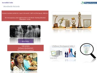SERVICESSERVICES
Call centers
Software development
Pharmaceutical research
Greatest recorded rainfalls for 1 year in the world = 2647 cm (Cherrapunji, 1860-61).
4th most populous urban agglomeration in the World = Bombay (Mumbai)
(population = 19 M).
Incredible India
Worldwide Records
 