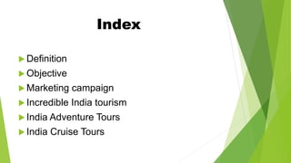 Index
 Definition
 Objective
 Marketing campaign
 Incredible India tourism
 India Adventure Tours
 India Cruise Tours
 