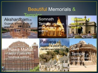 Beautiful Memorials &
Temples
Akshardham in
Gujarat, a nice place of
worship
Somnath
Temple of Gujarat,
place of Hindu
worship
Gateway of
India in
Mumbai
Hawa Mahal in
Jaipur, a palace for
luxurious comfort
Palitana in
Gujarat, a place for
Jainism worship Sun
Temple in
Gujarat, a place
of Hindu worship
 