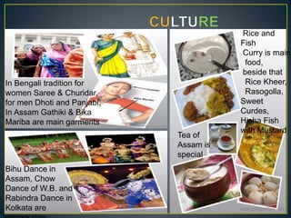 In Bengali tradition for
women Saree & Churidar,
for men Dhoti and Panjabi,
In Assam Gathiki & Bika
Mariba are main garments
Rice and
Fish
Curry is main
food,
beside that
Rice Kheer,
Rasogolla,
Sweet
Curdes,
Hisha Fish
with Mustard
Tea of
Assam is
special
Bihu Dance in
Assam, Chow
Dance of W.B. and
Rabindra Dance in
Kolkata are
 