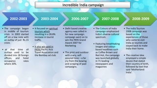 Incredible !ndia campaign
2002-2003
• The campaign began
in middle of tourism
crisis in 2002 started
off on a low note with
an outlay of just Rs.15
crore.
• at that time all
outlays used to be
divided into 18 foreign
offices, and hotel
occupancy rates
where 20%.
2003-2004
• It focused on spiritual
tourism which
resulting in a 28.8%
increase in tourist
traffic.
• It also win gold in
PATA) Pacific Asia
Travel Association and
the Bombay ad club.
2006-2007
• Delhi based creative
agency was called in
for new campaign.
campaign went on to
win the PATA Grand
Award 2007 for
Marketing
• The print and outdoor
with a wry, self-
assured tone – a far
cry from the bowing
and scraping of past
campaigns.
2007-2008
• The Colours of India
campaign emphasized
India’s diverse cultural
spectrum.
• Featuring breathtaking
images and colour-
based headlines such
as Coffee Brown and
Red Hot, the campaign
was launched globally
in 71 leading
newspapers and
magazines
2008-2009
• The India Tourism
2008 campaign was
based on the
experiences of those
who came to visit
India as tourists and
stayed back to make
India their home.
• The creative idea
employed a simple
device that stated
their country of birth,
followed by text that
said ‘Motherland:
India’.
 