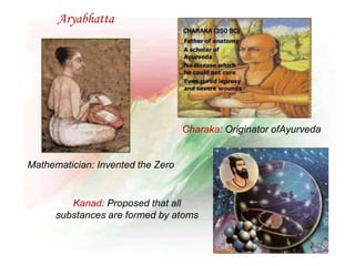 Mathematician: Invented the Zero
Aryabhatta
Charaka: Originator ofAyurveda
Kanad: Proposed that all
substances are formed by atoms
 