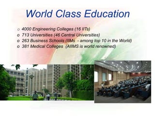World Class Education
o 4000 Engineering Colleges (16 IITs)
o 713 Universities (46 Central Universities)
o 263 Business Schools (IIMs - among top 10 in the World)
o 381 Medical Colleges (AIIMS is world renowned)
 
