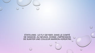 ÉTATS-UNIS : LE FLY GEYSER, DANS LE COMTÉ
DE WASHOE, AU NEVADA, DONNE L'IMPRESSION
DE SUINTER UNE COULEUR MARRON-VERDÂTRE.
 