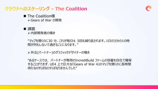  The Coalition様
 Gears of War の開発
 課題
 内部開発者の嘆き
“マップを開くのに30 分、これが毎日4、5回も繰り返されます。1日の3分の1の時
間が何もしないで過ぎることになります。”
 外注(パートナー)のグラフィックデザイナーの嘆き
“あるケースでは、 パートナーが専用のIncrediBuild ファームの容量を自社で確保
することができず、UE4 上で巨大な『Gears of War 4』のマップを開くのに長時間
待たなければなければなりませんでした”
 