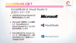7
 2002年からVisual Studioでの
開発を高速化しています
 Microsoft の開発チームと連携
して、IncrediBuild は
Visual Studioとのシームレスな
統合を実現しています
 IncrediBuild for Azure によ
って、ピーク時や製品のリリース時
などの状況に応じて柔軟にリソー
スを追加できます
IncrediBuild は Visual Studio の
正式パートナーです
 