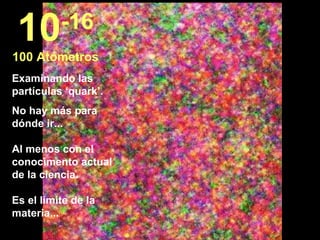 Examinando las partículas ‘quark’. No hay más para dónde ir... Al menos con el conocimento actual de la ciencia.  Es el límite de la materia...  10 -16 100 Atómetros 