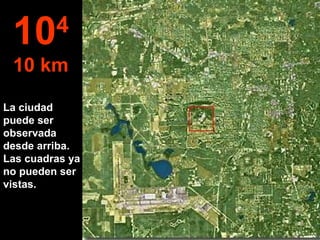 La ciudad puede ser observada desde arriba. Las cuadras ya no pueden ser vistas. 10 4 10 km 