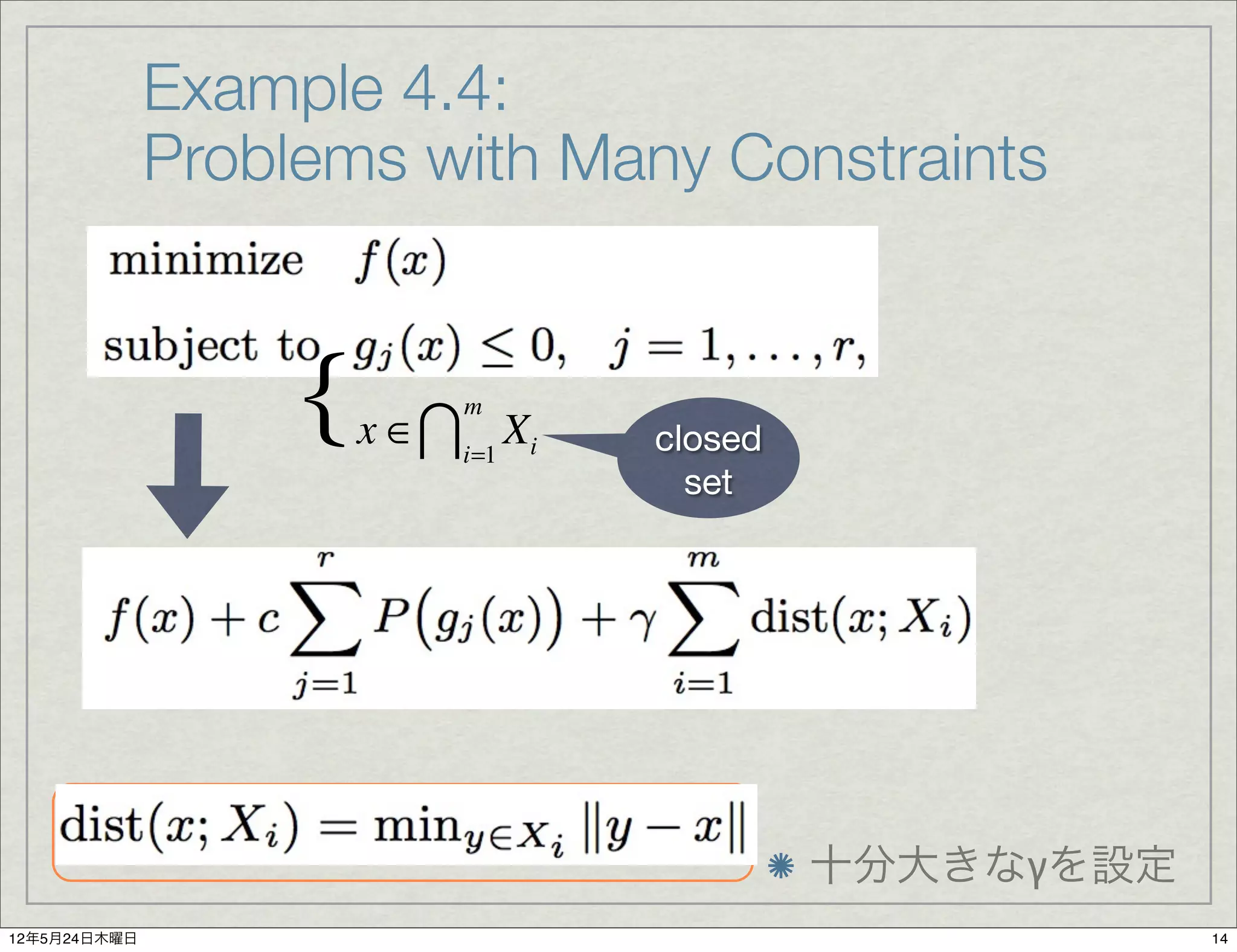 Example 4.4:
              Problems with Many Constraints


                   {   x ∈ i=1 Xi
                             m
                                     closed
                                       set




                                              十分大きなγを設定
12年5月24日木曜日                                               14
 