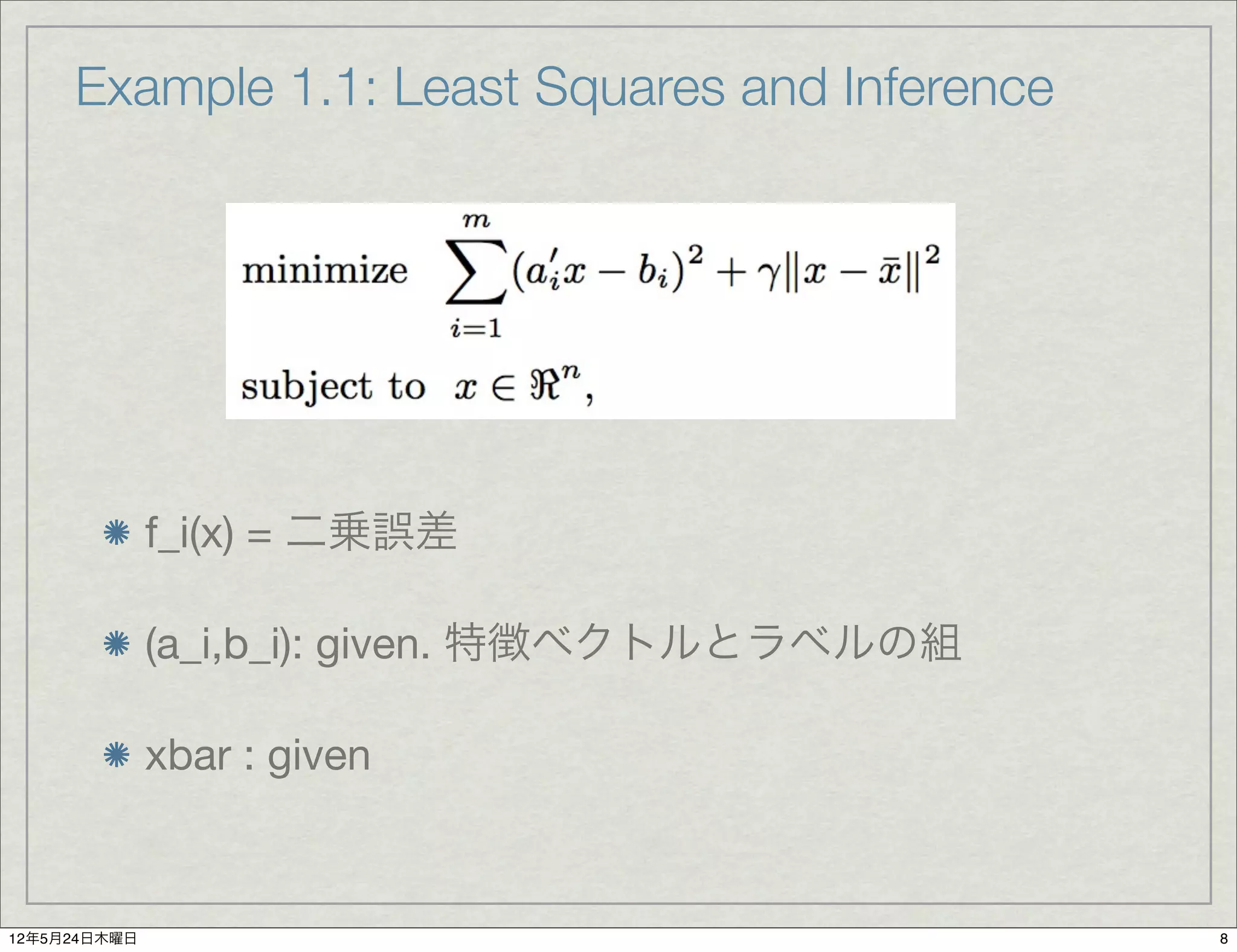 Example 1.1: Least Squares and Inference




              f_i(x) = 二乗誤差

              (a_i,b_i): given. 特徴ベクトルとラベルの組

              xbar : given



12年5月24日木曜日                                     8
 