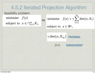 4.5.2 Iterated Projection Algorithm
    feasibility problem

                            ≈

                                           PROXIMAL

                                  f (x)   SUBGRADIENT




12年5月24日木曜日                                             36
 