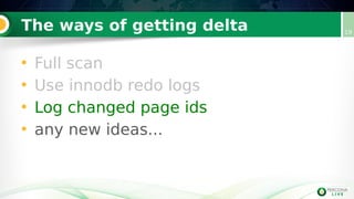 The ways of getting delta
• Full scan
• Use innodb redo logs
• Log changed page ids
• any new ideas...
19
 
