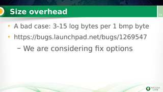 Size overhead 29
• A bad case: 3-15 log bytes per 1 bmp byte
• https://bugs.launchpad.net/bugs/1269547
– We are considering fix options
 