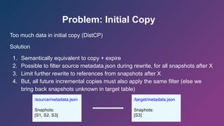 Problem: Initial Copy
Too much data in initial copy (DistCP)
Solution
1. Semantically equivalent to copy + expire
2. Possible to filter source metadata.json during rewrite, for all snapshots after X
3. Limit further rewrite to references from snapshots after X
4. But, all future incremental copies must also apply the same filter (else we
bring back snapshots unknown in target table)
/source/metadata.json
Snaphots:
[S1, S2, S3]
/target/metadata.json
Snaphots:
[S3]
 