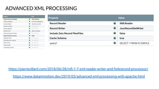 ADVANCED XML PROCESSING
https://www.datainmotion.dev/2019/03/advanced-xml-processing-with-apache.html
https://pierrevillard.com/2018/06/28/niﬁ-1-7-xml-reader-writer-and-forkrecord-processor/
 