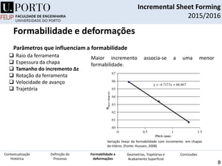 Incremental Sheet Forming
2015/2016
8
Parâmetros que influenciam a formabilidade
 Raio da ferramenta
 Espessura da chapa
 Tamanho do incremento Δz
 Rotação da ferramenta
 Velocidade de avanço
 Trajetória
Maior incremento associa-se a uma menor
formabilidade.
Variação linear da formabilidade com incremento em chapas
de titânio. (Fonte: Hussain, 2008)
Definição do
Processo
Contextualização
Histórica
Formabilidade e
deformações
Geometrias, Trajetórias e
Acabamento Superficial
Conclusões
Formabilidade e deformações
 