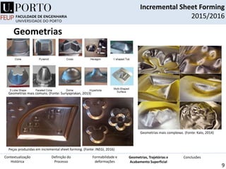 Incremental Sheet Forming
2015/2016
9
Geometrias mais comuns. (Fonte: Suriyaprakan, 2013)
Peças produzidas em incremental sheet forming. (Fonte: INEGI, 2016)
Definição do
Processo
Contextualização
Histórica
Formabilidade e
deformações
Geometrias, Trajetórias e
Acabamento Superficial
Conclusões
Geometrias
Geometrias mais complexas. (Fonte: Kalo, 2014)
 