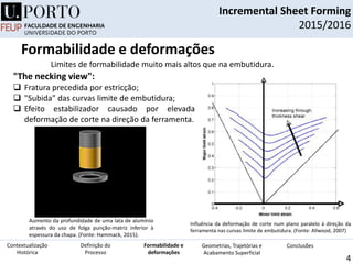 Formabilidade e deformações
Incremental Sheet Forming
2015/2016
4
Limites de formabilidade muito mais altos que na embutidura.
"The necking view":
 Fratura precedida por estricção;
 "Subida" das curvas limite de embutidura;
 Efeito estabilizador causado por elevada
deformação de corte na direção da ferramenta.
Influência da deformação de corte num plano paralelo à direção da
ferramenta nas curvas limite de embutidura. (Fonte: Allwood, 2007)
Definição do
Processo
Contextualização
Histórica
Formabilidade e
deformações
Geometrias, Trajetórias e
Acabamento Superficial
Conclusões
Aumento da profundidade de uma lata de alumínio
através do uso de folga punção-matriz inferior à
espessura da chapa. (Fonte: Hammack, 2015).
 