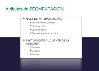 11 © 2008 Sage
.
Atributos de SEGMENTACIÓN
 NIVEL DE AUTOMATIZACIÓN
 Gestión con documentos
 Introduce datos
 Gestiona datos
 Externaliza gestión de datos
 FACTURACIÓN AL CLIENTE DE LA
ASESORÍA
 Pequeña
 Mediana
 Grande
 