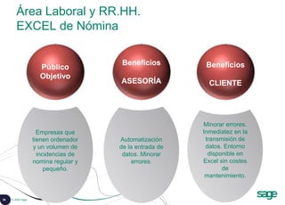 56 © 2008 Sage
Área Laboral y RR.HH.
EXCEL de Nómina
Minorar errores.
Inmediatez en la
transmisión de
datos. Entorno
disponible en
Excel sin costes
de
mantenimiento.
Automatización
de la entrada de
datos. Minorar
errores.
Empresas que
tienen ordenador
y un volumen de
incidencias de
nomina regular y
pequeño.
Público
Objetivo
Beneficios
ASESORÍA
Beneficios
CLIENTE
 
