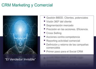 79 © 2008 Sage
CRM Marketing y Comercial
 Gestión BBDD. Clientes, potenciales
 Visión 360º del cliente
 Segmentación mercado
 Precisión en las acciones. Eficiencia.
 Cross Selling
 Acciones contra competencia
 Reporting actividad comercial
 Definición y retorno de las campañas
comerciales
 Primer paso para el Social CRM
“El Vendedor Invisible”
 
