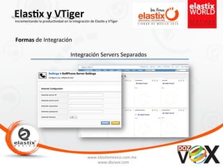 www.elas'xmexico.com.mx	
  
www.dozvox.com	
  
Elas%x	
  y	
  VTiger	
  
	
  
Incrementando	
  la	
  produc'vidad	
  en	
  la	
  integración	
  de	
  Elas'x	
  y	
  VTiger	
  
Formas	
  de	
  Integración	
  
Integración	
  Servers	
  Separados	
  
 