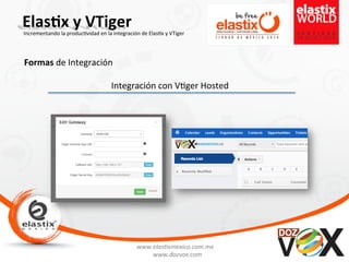 www.elas'xmexico.com.mx	
  
www.dozvox.com	
  
Elas%x	
  y	
  VTiger	
  
	
  
Incrementando	
  la	
  produc'vidad	
  en	
  la	
  integración	
  de	
  Elas'x	
  y	
  VTiger	
  
Formas	
  de	
  Integración	
  
Integración	
  con	
  V'ger	
  Hosted	
  	
  
 