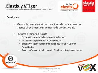 www.elas'xmexico.com.mx	
  
www.dozvox.com	
  
Elas%x	
  y	
  VTiger	
  
	
  
Incrementando	
  la	
  produc'vidad	
  en	
  la	
  integración	
  de	
  Elas'x	
  y	
  VTiger	
  
Conclusión	
  
•  Mejorar	
  la	
  comunicación	
  entre	
  actores	
  de	
  cada	
  proceso	
  se	
  
traduce	
  directamente	
  en	
  aumento	
  de	
  produc'vidad.	
  
•  Factores	
  a	
  tomar	
  en	
  cuenta	
  
•  Dimensionar	
  correctamente	
  la	
  solución	
  
•  Antes	
  de	
  Implementar	
  /	
  Consensuar	
  
•  Elas'x	
  y	
  V'ger	
  'enen	
  múl'ples	
  features	
  /	
  Deﬁnir	
  
Prioridades	
  
•  Acompañamiento	
  al	
  Usuario	
  Final	
  post	
  Implementación	
  
 