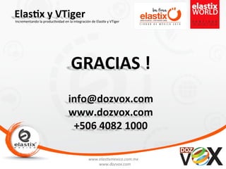 www.elas'xmexico.com.mx	
  
www.dozvox.com	
  
Elas%x	
  y	
  VTiger	
  
	
  
Incrementando	
  la	
  produc'vidad	
  en	
  la	
  integración	
  de	
  Elas'x	
  y	
  VTiger	
  
GRACIAS	
  !	
  
info@dozvox.com	
  
www.dozvox.com	
  
+506	
  4082	
  1000	
  
	
  
 