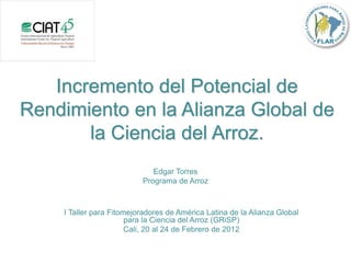 Incremento del Potencial de
Rendimiento en la Alianza Global de
       la Ciencia del Arroz.
                             Edgar Torres
                          Programa de Arroz



    I Taller para Fitomejoradores de América Latina de la Alianza Global
                       para la Ciencia del Arroz (GRiSP)
                       Cali, 20 al 24 de Febrero de 2012
 