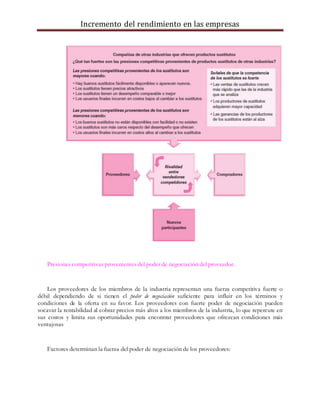 Incremento del rendimiento en las empresas
Presiones competitivas provenientes del poder de negociación del proveedor.
Los proveedores de los miembros de la industria representan una fuerza competitiva fuerte o
débil dependiendo de si tienen el poder de negociación suficiente para influir en los términos y
condiciones de la oferta en su favor. Los proveedores con fuerte poder de negociación pueden
socavar la rentabilidad al cobrar precios más altos a los miembros de la industria, lo que repercute en
sus costos y limita sus oportunidades para encontrar proveedores que ofrezcan condiciones más
ventajosas
Factores determinan la fuerza del poder de negociación de los proveedores:
 